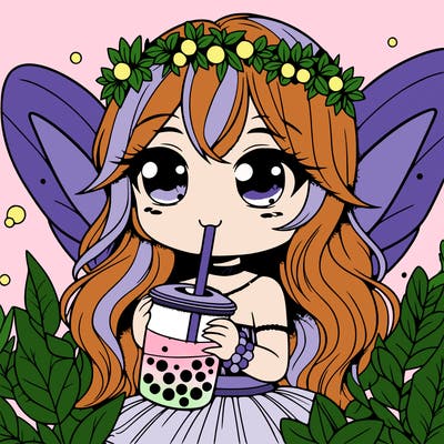 cute rilistic fairy drinking boba