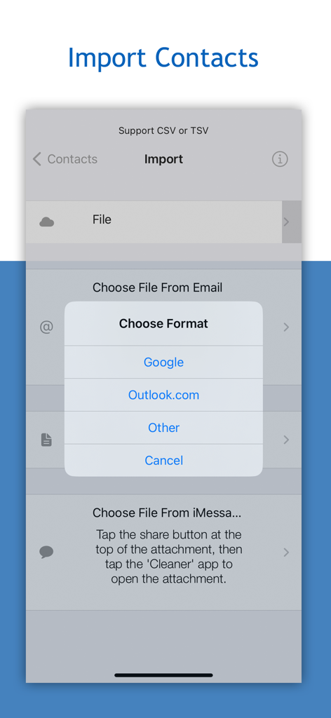 Group RCS SMS and Email - Oberfläche der App, die Optionen zum Importieren von Kontakten aus Dateien, Google und Outlook-Konten anzeigt.