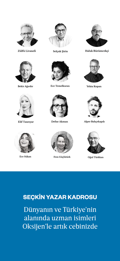 Oksijen Gazetesi - A grid of portraits showing elite Turkish writers and columnists featured in the Oksijen Gazetesi news app
