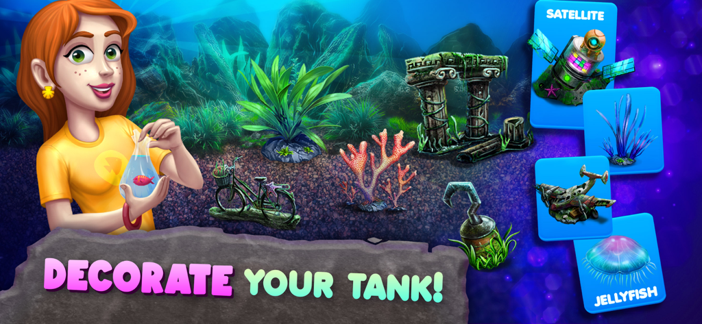 A female character holding a fish next to various tank decorations including a jellyfish, coral, and underwater ruins.