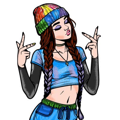 realistic teenage girl with braids and a beanie and crop top doing 🫶🏼
