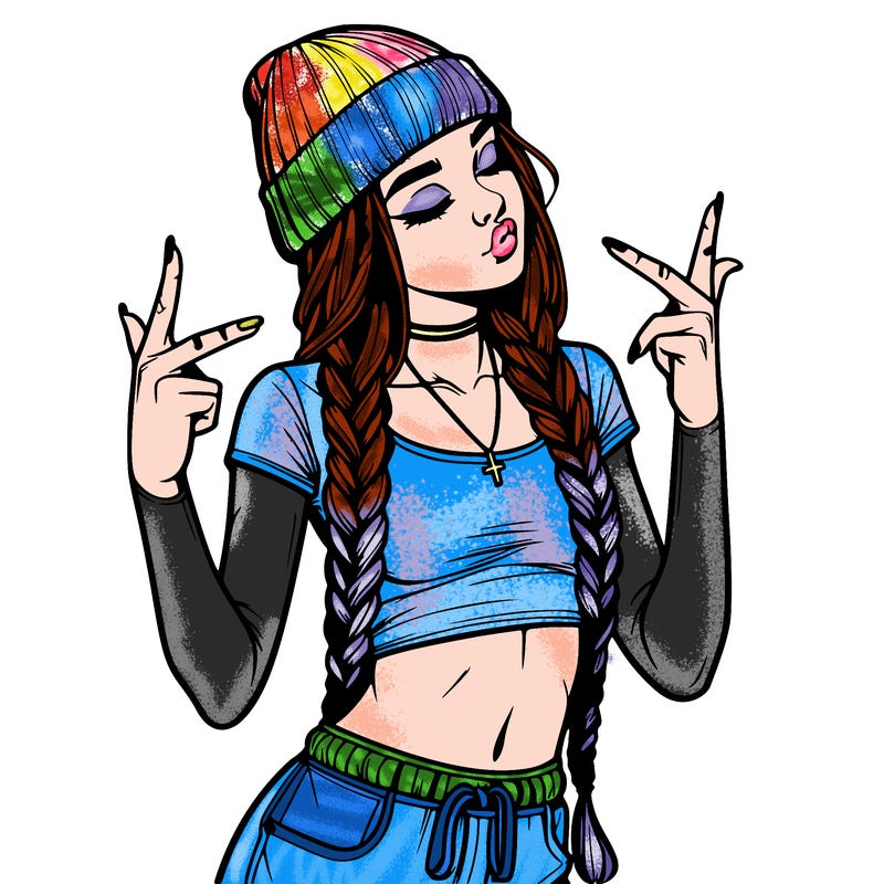 realistic teenage girl with braids and a beanie and crop top doing 🫶🏼