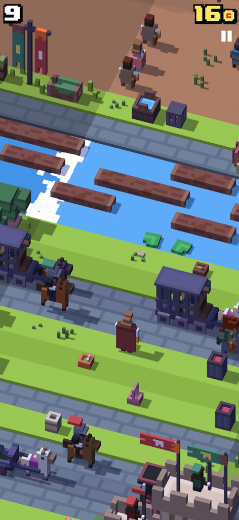 Captura de pantalla del juego de Crossy Road con un mundo medieval con personajes y obstáculos de vóxel