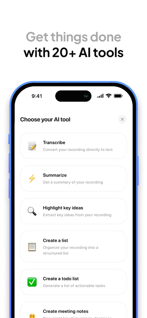Interface of the AI Transcribe app showing a menu of AI tools including transcription, summarization, and meeting notes generation.