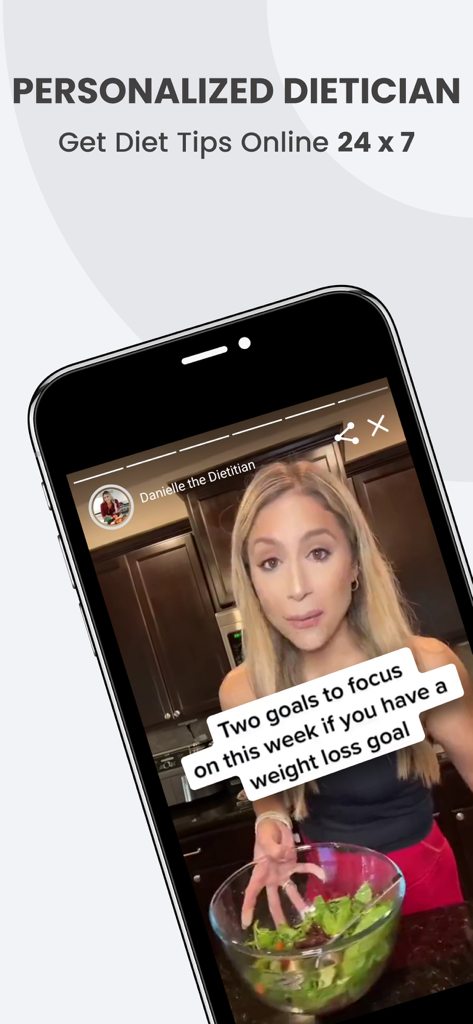 BetterTogether: Weight Loss - BetterTogether app screen showing a video of a professional dietician giving weekly diet goals and weight loss tips