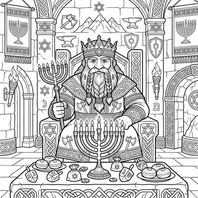 Embark on a creative journey with our Dwarf King Hanukkah coloring page, blending ancient dwarven might with festive holiday traditions. Discover a unique scene where royalty celebrates with menorahs, dreidels, and symbols of joy, perfect for igniting your imagination.