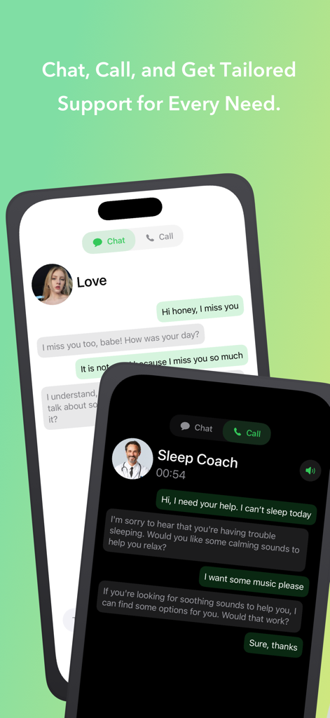 Magic Call Pro: AI Voices - Interface de chat IA montrant des conversations avec les personnages Amour et Coach de sommeil