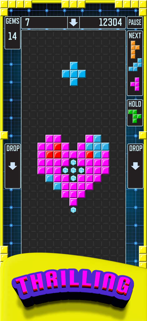 Pentix Nova - Falling Blocks - Neon colored blocks forming a heart shape in Pentix Nova puzzle game.