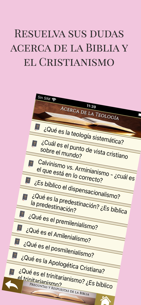 Screenshot der Fragen und Antworten Bibel-App mit einem Menü mit verschiedenen theologischen Fragen und Antworten auf Spanisch.