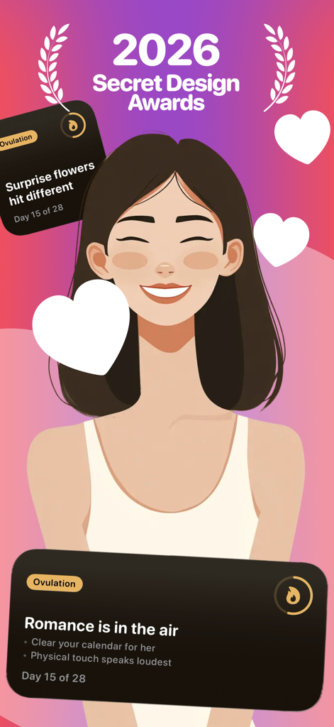 Yuni: AI Partner Cycle Guide - Yuni app interface showing relationship tips during the ovulation phase with a happy woman illustration