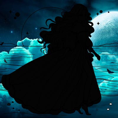 beautiful woman with a vaporous long dress walking on the beach at the noon, detailed art