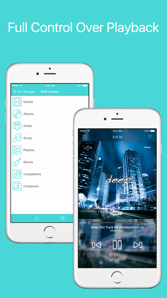 Two iPhones showing the Equalizer Pro app interface with a music library list and a now playing screen featuring urban album art.