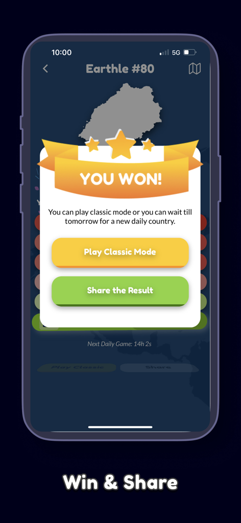 Earthle geography game victory screen with options to play classic mode and share the result