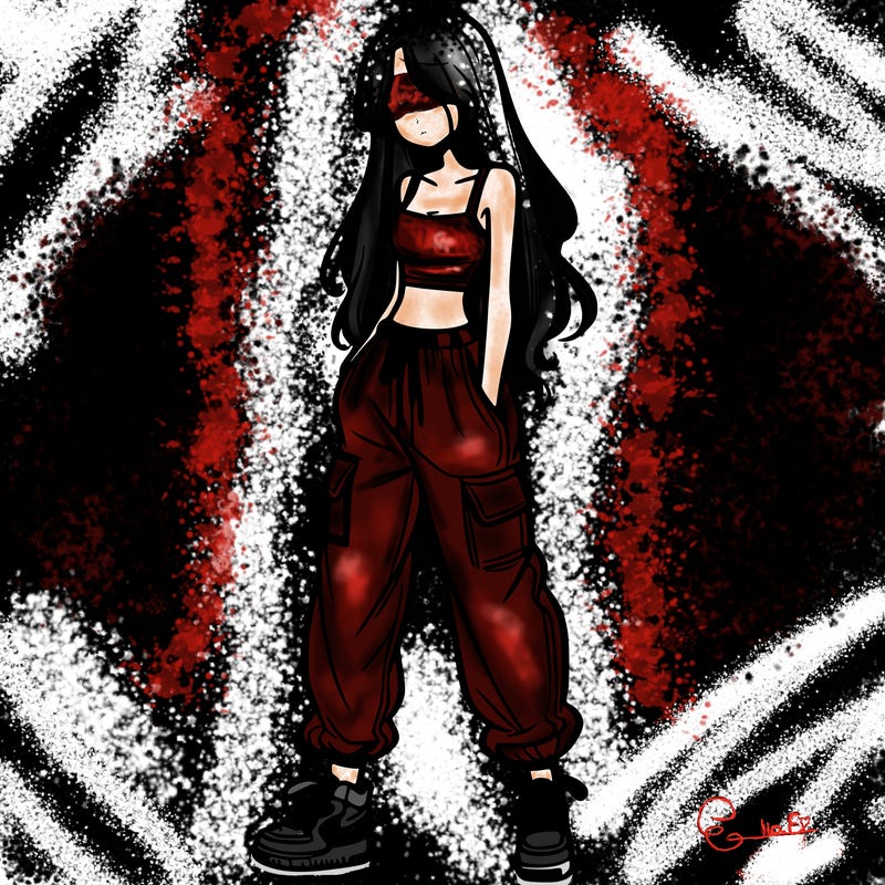 girl in baggy pants crop top and long hair