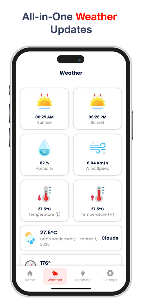 My Earthquake - alerts and map - Painel meteorológico tudo-em-um mostrando dados de nascer do sol, pôr do sol, umidade e temperatura.
