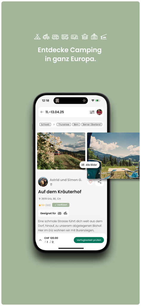 Nomady app interface displaying a scenic private camping spot in the Swiss Alps with booking details