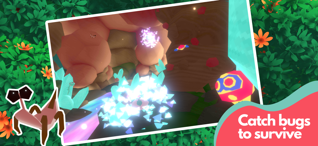 Xenon Crowe - Jogabilidade de Xenon Crowe mostrando criaturas alienígenas em um ambiente bioluminescente colorido com a legenda caçar insetos para sobreviver