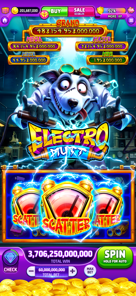 Gameplay screen of the Electro Mutt slot machine in Cash Tornado Slots featuring a crazy dog character and big jackpots
