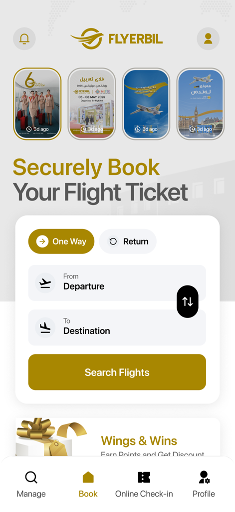 FlyErbil mobile app home screen featuring flight search and booking options