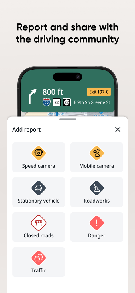 TomTom - Maps & Traffic - Menu for reporting road hazards and speed cameras in the TomTom app