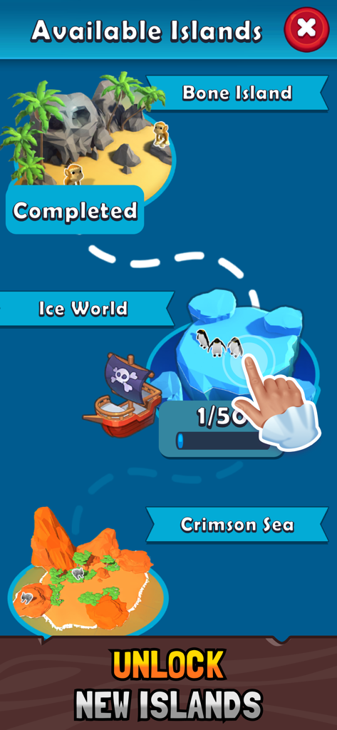 Pirate Raid: Caribbean Battle - Un écran de carte montrant les îles disponibles à débloquer, y compris l'île de l'os et le monde de glace dans Pirate Raid