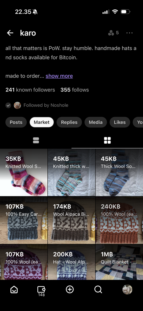 Iris – The Nostr client - A user profile in the Iris Nostr client showing a digital marketplace with handmade items priced in Bitcoin.