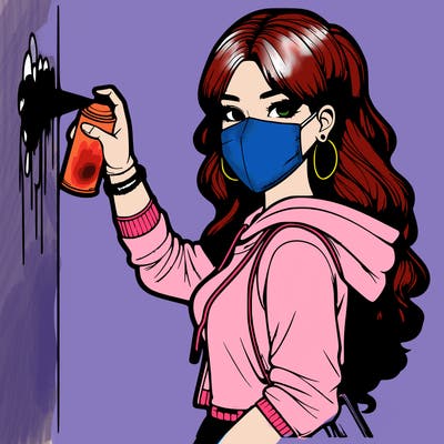 realistic girl with mask spray painting a wall