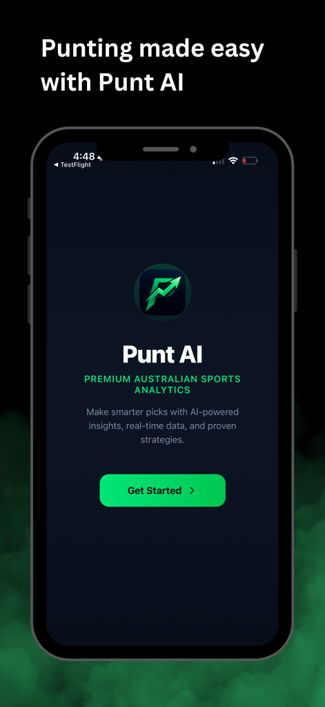 PuntAI: Aussie Sport Analytics - Punt AI onboarding screen featuring Australian sports analytics and a Get Started button.