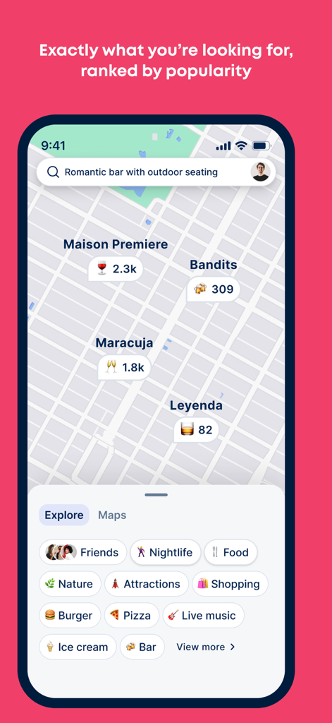 Atly – Know where to go - Atly app interface displaying a map with ranked search results for romantic bars in New York City.