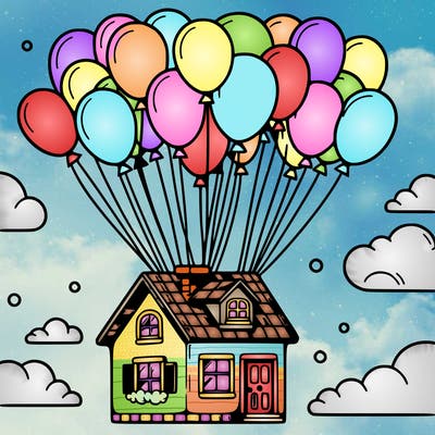 house floating from lots of balloons