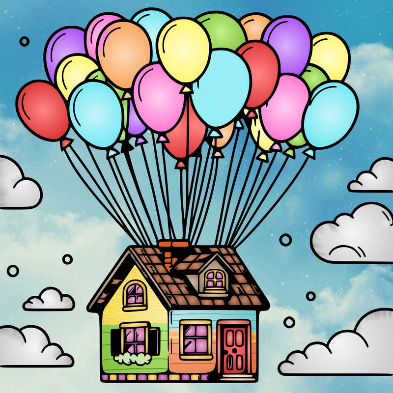 house floating from lots of balloons