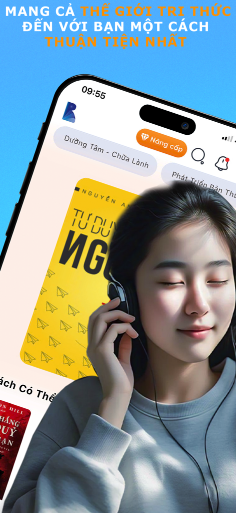 Bookas - Sách nói & Truyện - A woman wearing headphones listening to Vietnamese audiobooks on the Bookas mobile app
