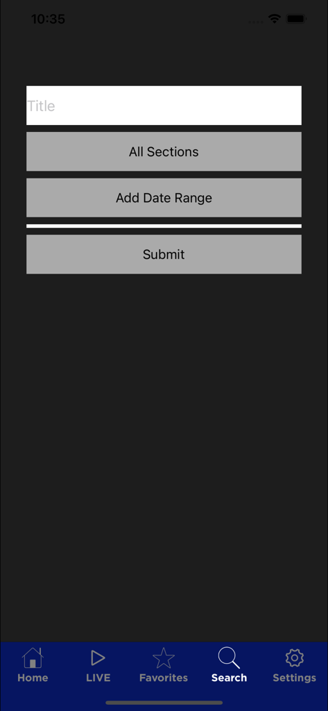 Search interface for the NSIC Network app featuring title and date range filters.