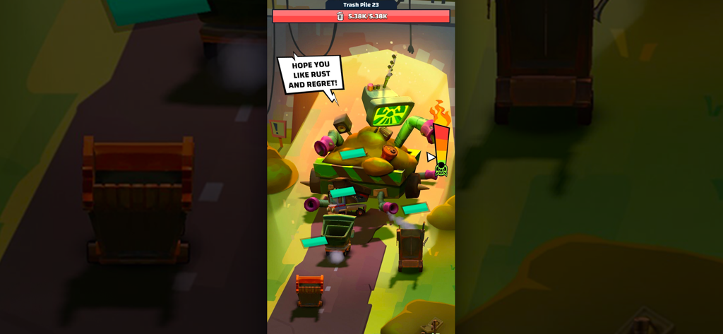 Idle Junkyard Tycoon: Be Rich! - Un monstruo gigante de basura con cabeza de TV enfrentando a camiones de basura en Idle Junkyard Tycoon
