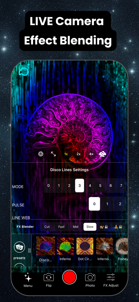 Syn-FX: Video Editor & Effects - The real-time camera interface of Syn-FX app showing live neon effect blending on a nautilus shell image