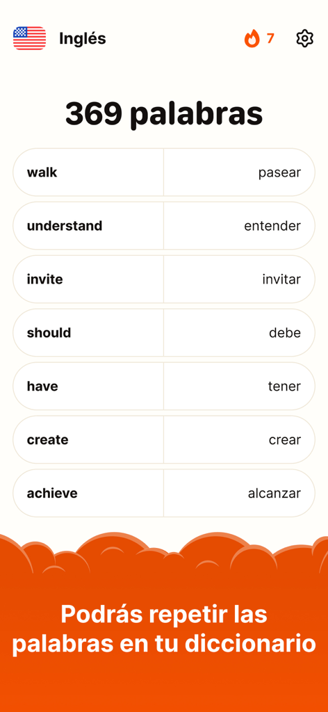 Clew: aprende inglés leyendo - Mobile screen showing a list of English words and their Spanish translations in the Clew app dictionary
