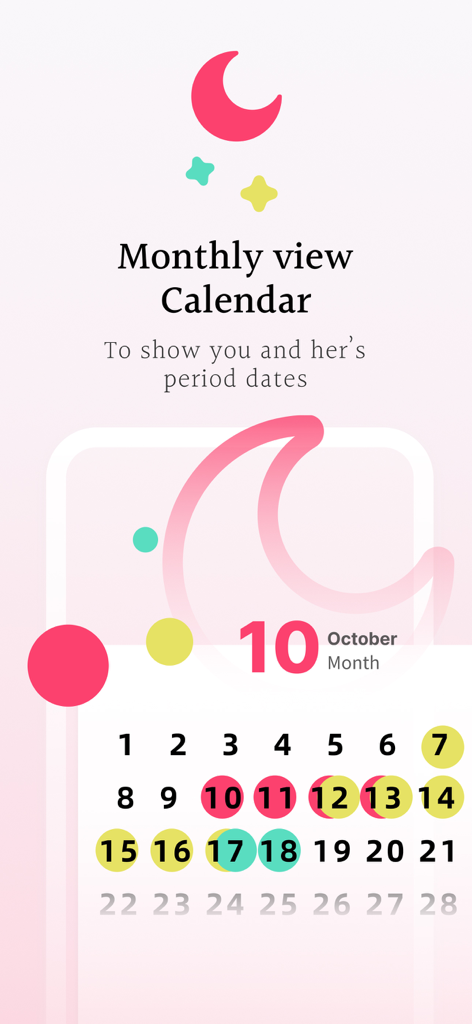 Hers - Period record - Hersアプリの月間表示カレンダーに、複数ユーザーの月経期間が表示されています