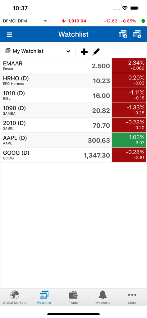 BHM Capital UAE app interface showing a stock watchlist with real-time price updates for regional and global equities