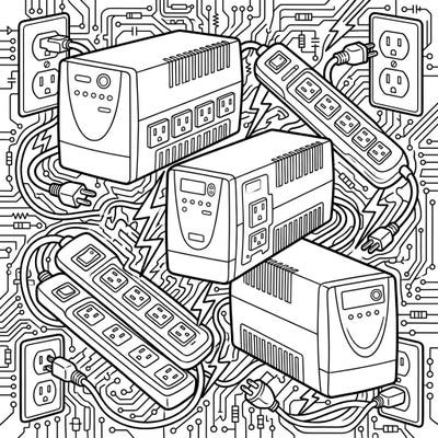 Explore the essential world of tech safety with this detailed coloring page featuring UPS units and surge protectors. It's a fascinating way to understand how these devices protect our electronics.