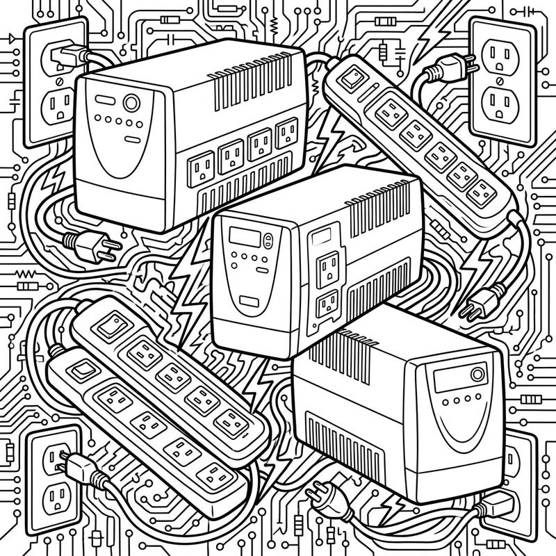Explore the essential world of tech safety with this detailed coloring page featuring UPS units and surge protectors. It's a fascinating way to understand how these devices protect our electronics.