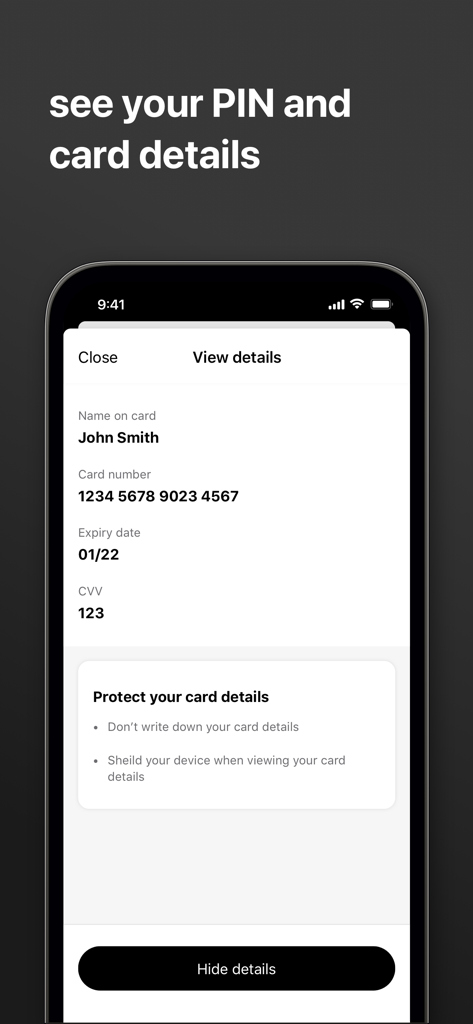 first direct - Pantalla de smartphone que muestra el número de tarjeta, fecha de vencimiento y CVV en la app de banca móvil de First Direct.