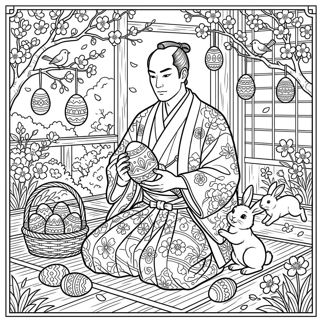 Edo Samurai Easter Coloring Page | Unique Adult Art — Color Pop