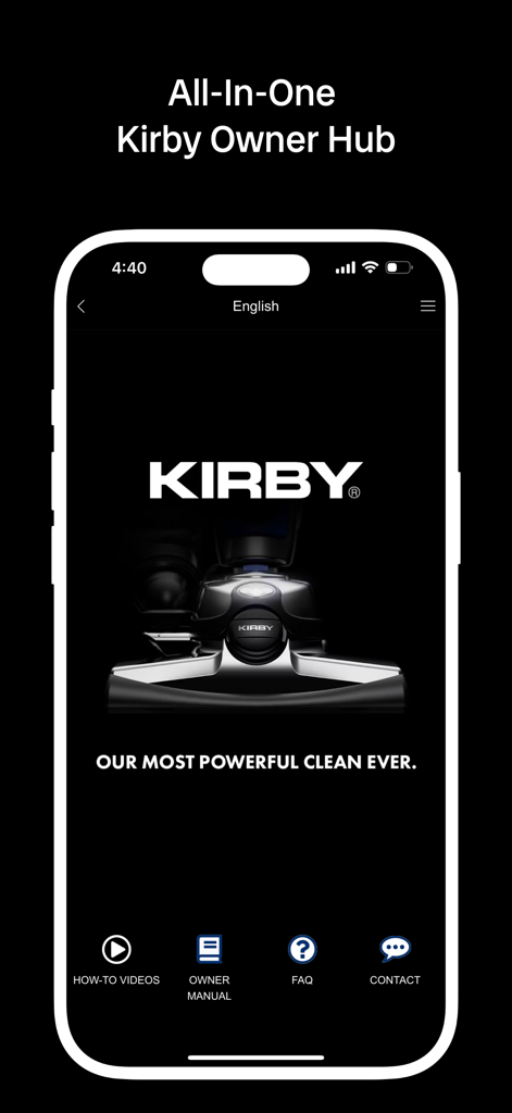 The home screen of the Kirby Vacuum App showing the Kirby Owner Hub with quick access to how-to videos, owner manuals, and FAQs.