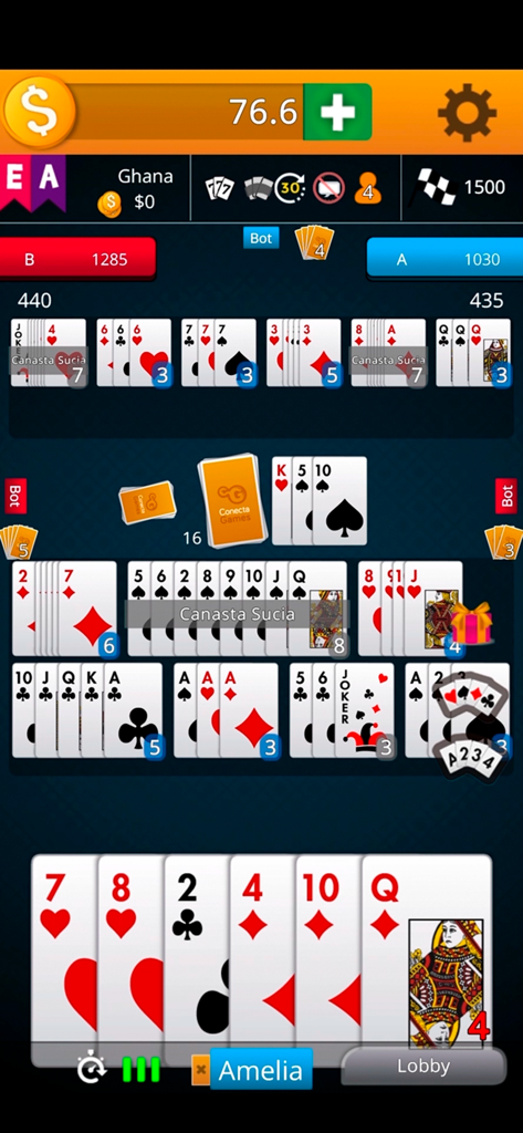 Buraco by ConectaGames - Interfaz del juego de cartas digital Buraco que muestra juegos y escaleras de jugadores durante una partida activa