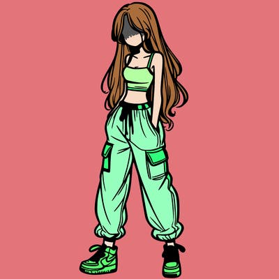 girl in baggy pants crop top and long hair