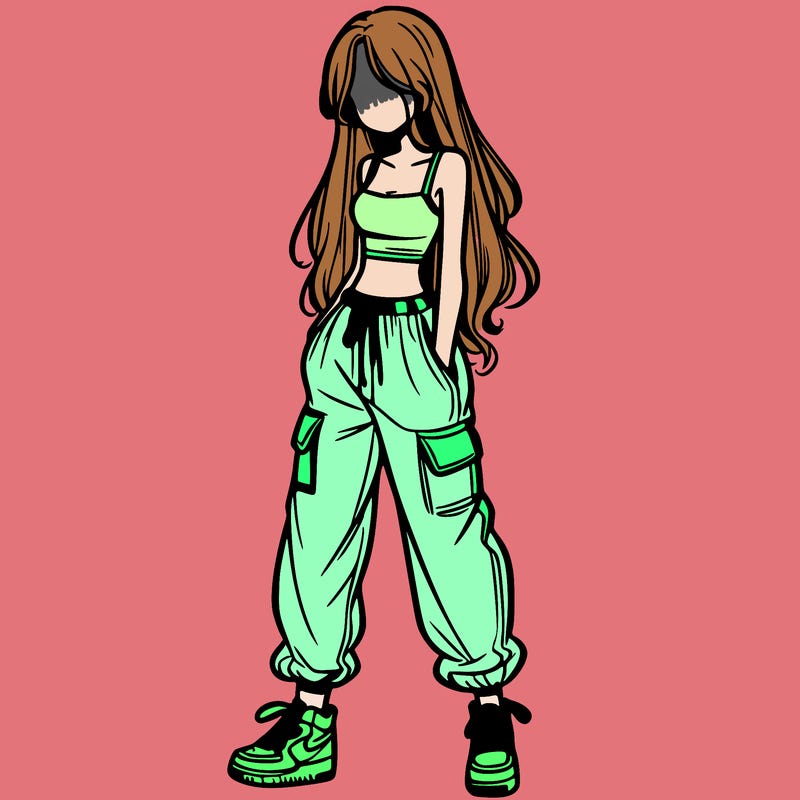 girl in baggy pants crop top and long hair