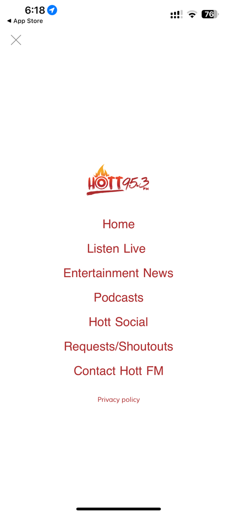 Hott 95.3FM - Main menu of the Hott 95.3FM radio app displaying links for Listen Live, Entertainment News, and Podcasts.