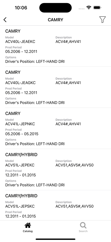 Car parts for Toyota - List of Toyota Camry models in the car parts app showing model codes and production periods