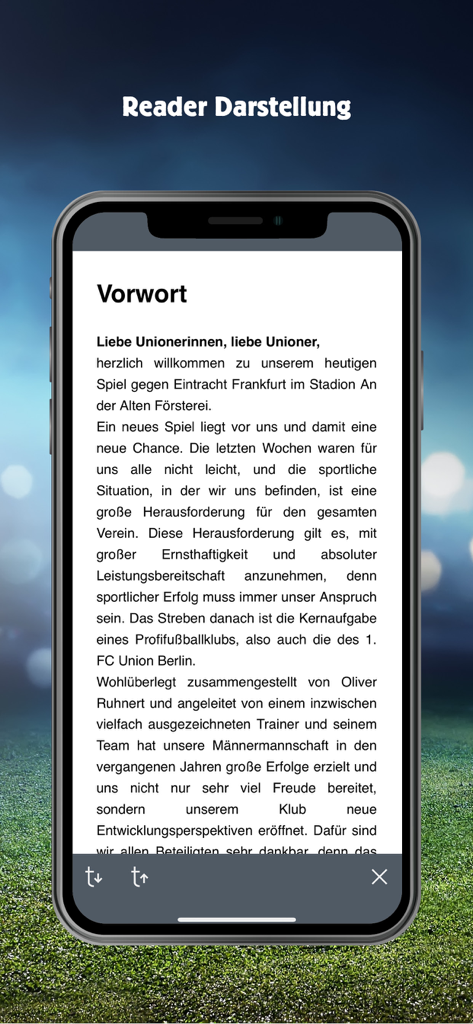 FCU KIOSK - Smartphone screen showing the digital reader view of the 1. FC Union Berlin stadium magazine