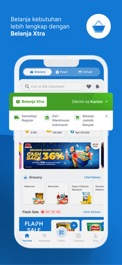 Klik Indomaret mobile app home screen showing grocery categories and promotional cashback banners